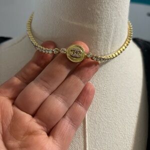 Dainty Rhinestone Small Gold-Tone Necklace with Center Medallion Chanel
